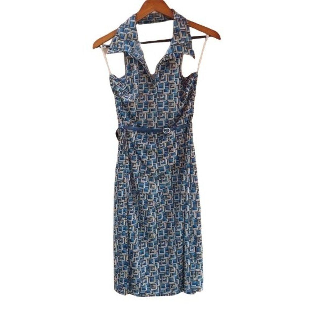 Vintage Dress Mod Wing Collared Halter Backless‎ Belted 3D Squares Teal Size M